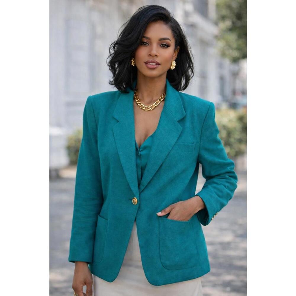 Vintage Lynn Greene Teal Wool Blazer Women’s sz 8 Gold Button Classic 80s Style